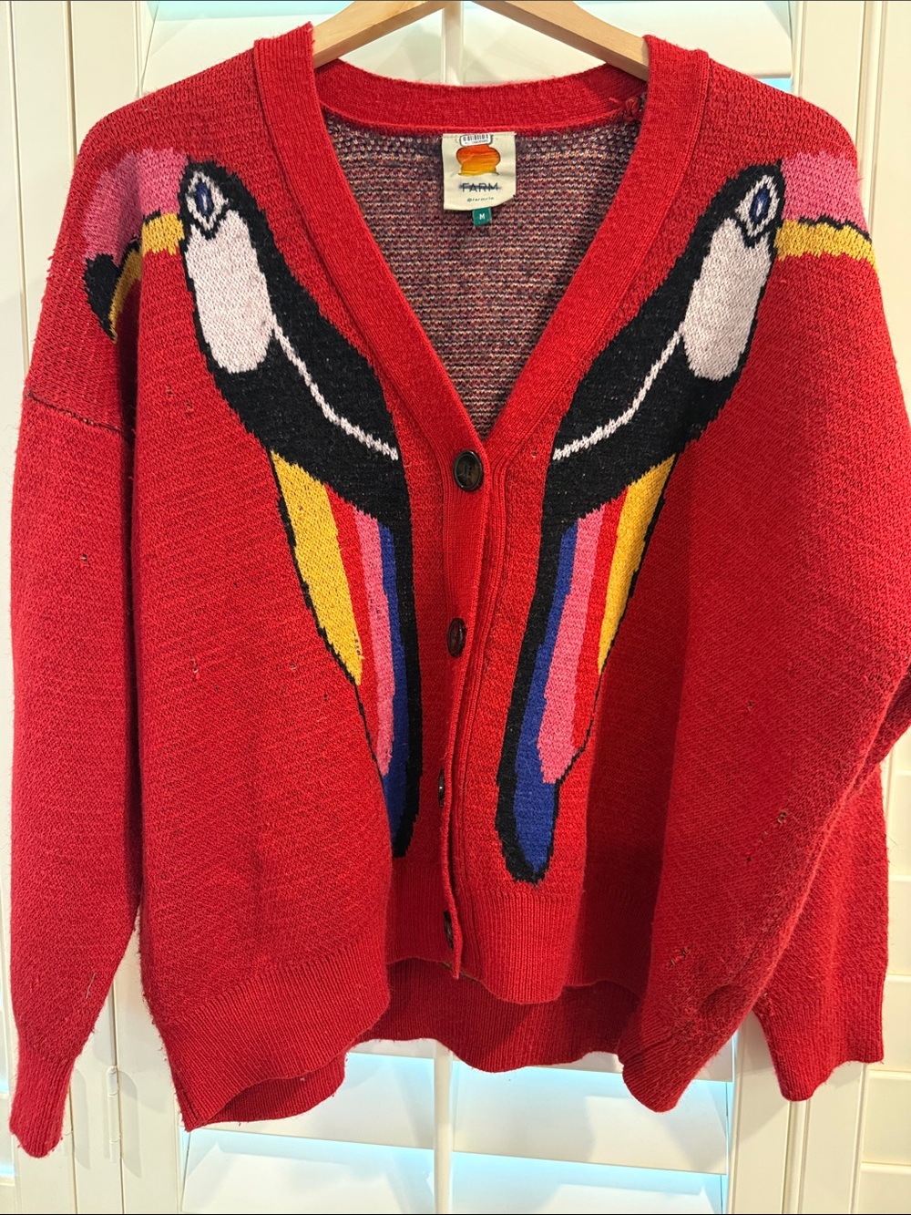 Red Parrot Intarsia Button-Front Sweater Cardigan